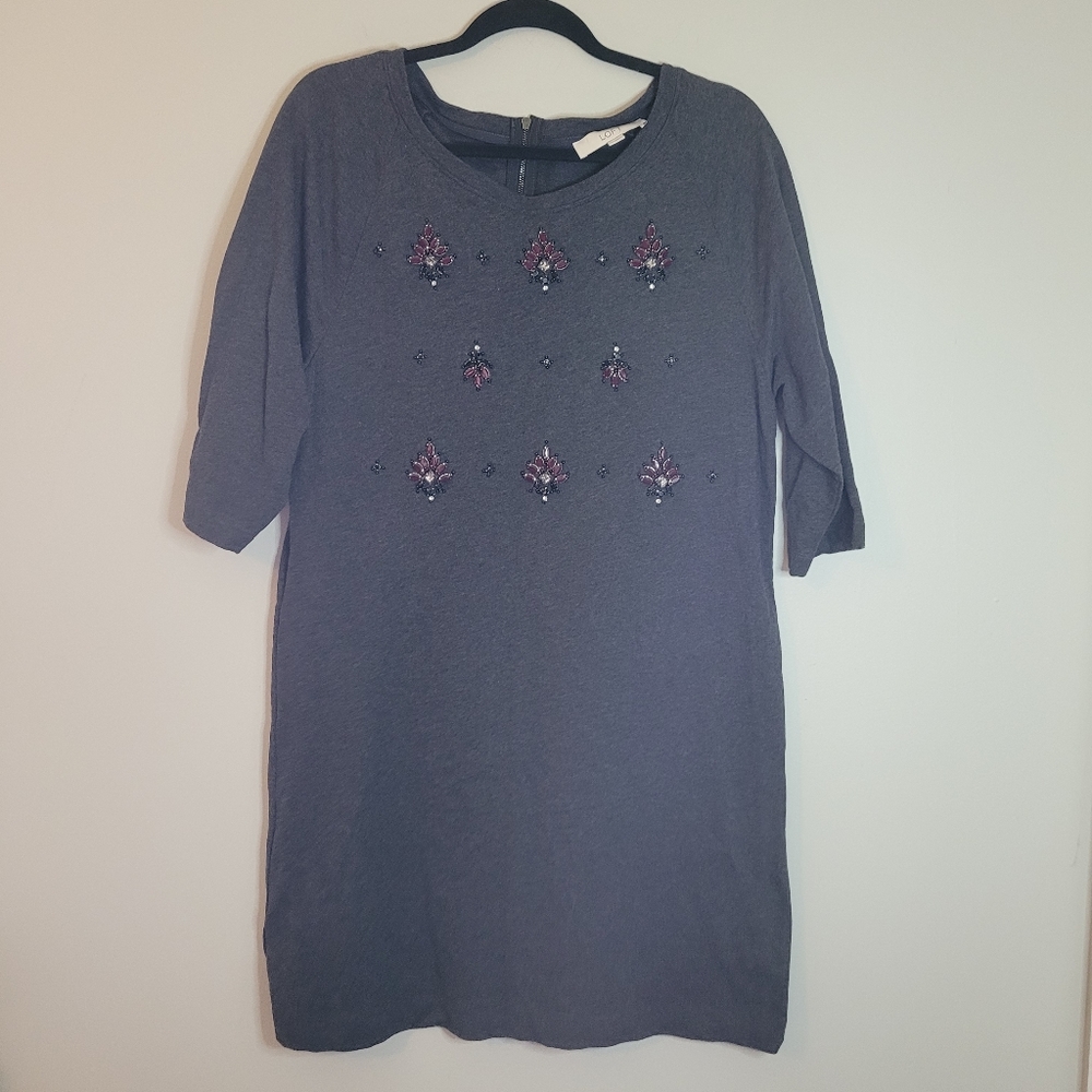 LOFT Gray Beaded Sweatshirt Dress